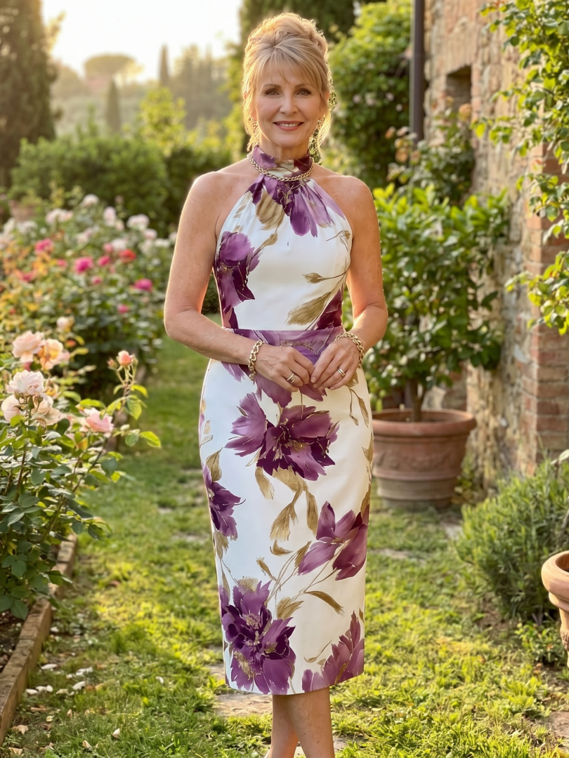 Zinnara | Vestido Midi con Escote Halter y Estampado Floral