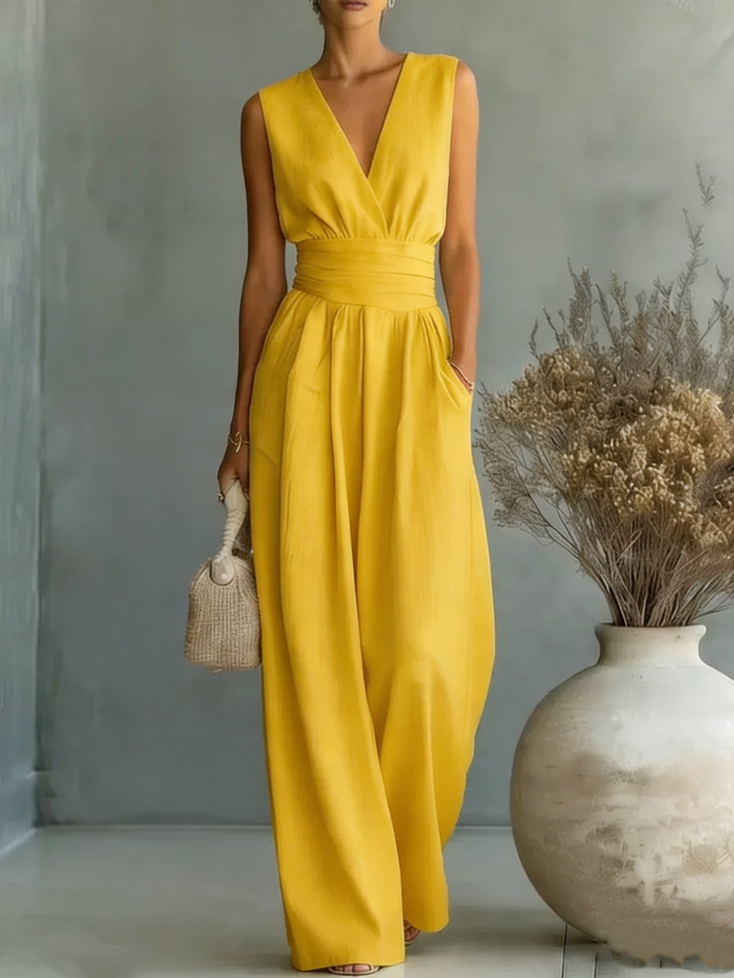 Combinación elegante, escote en V, cintura alta y corte amplio