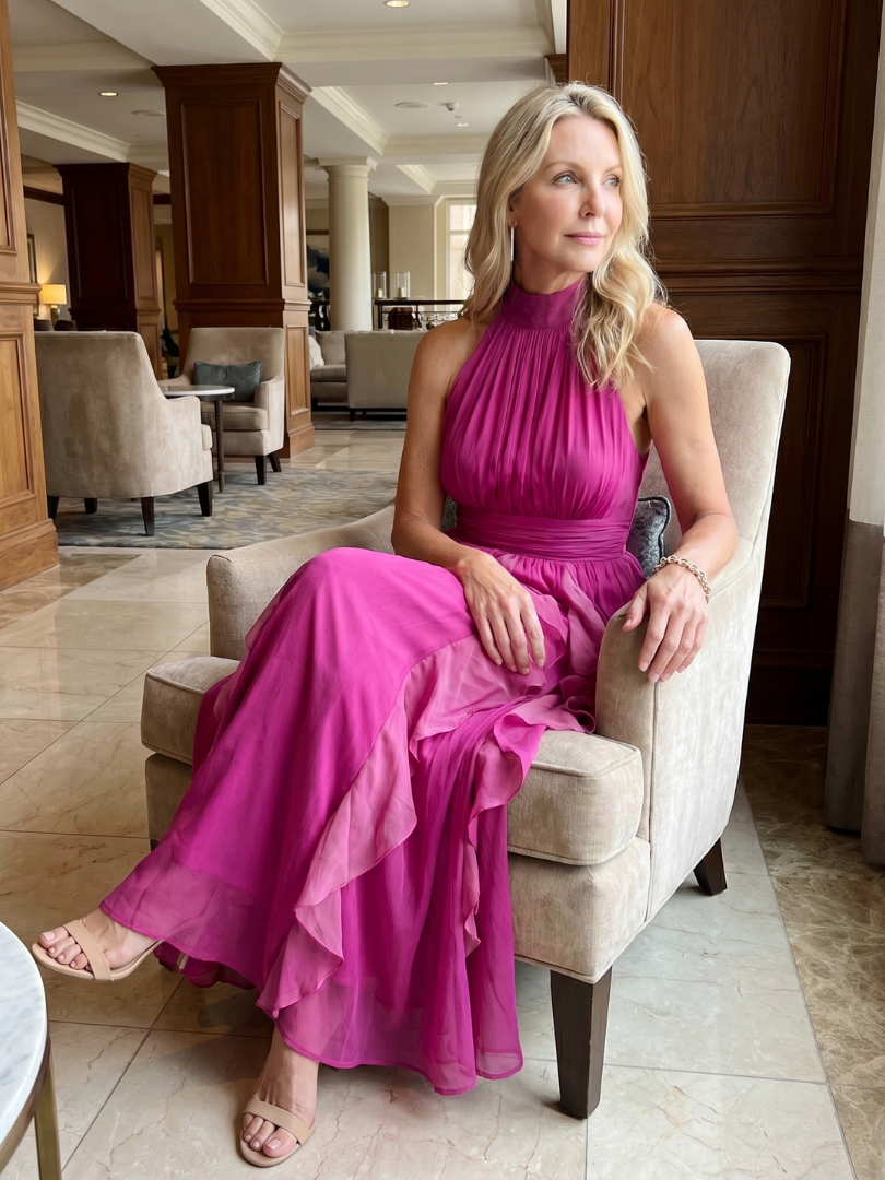 Orea | Vestido Maxi con Cuello Alto y Volantes en Capas
