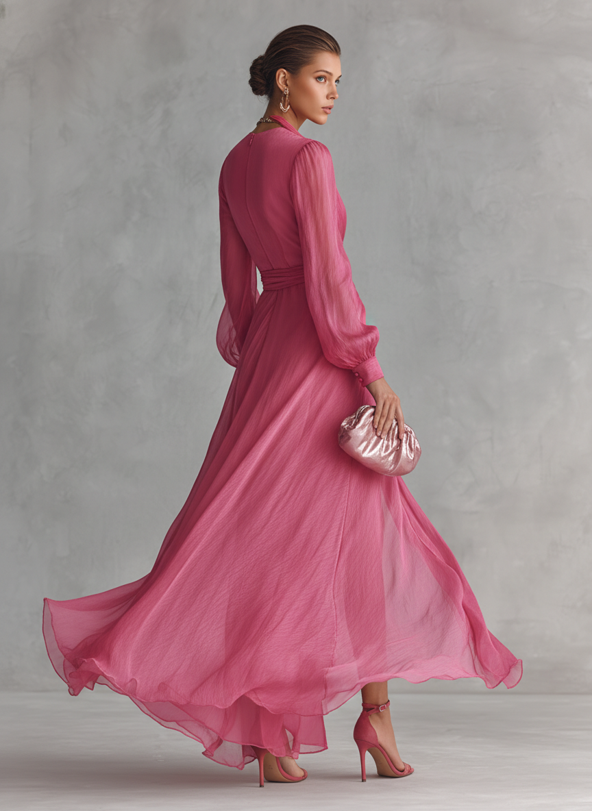 Ropa Larga Elegante Mujer en Chiffon Rosa Pálido con Perlas, Escote en V y Cintura Ajustada