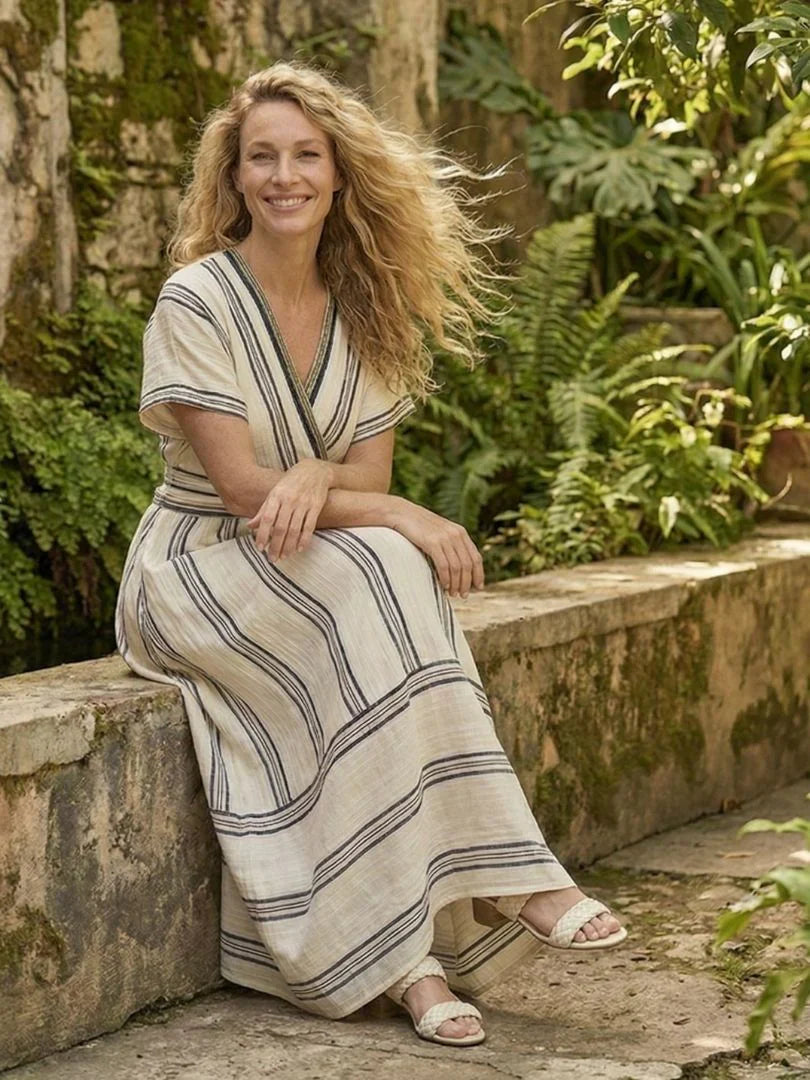 Thalassa | Vestido Midi Envolvente de Manga Corta con Escote en V