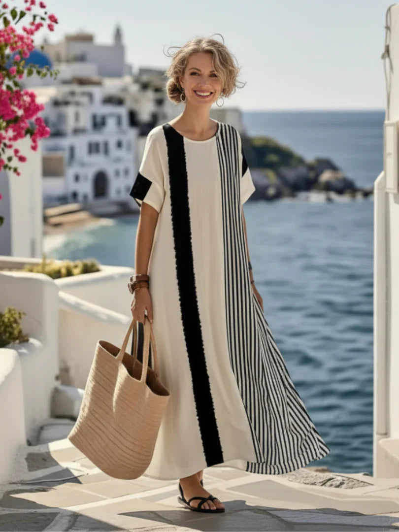 Elara | Vestido Maxi a Rayas con Cuello Redondo y Manga Corta