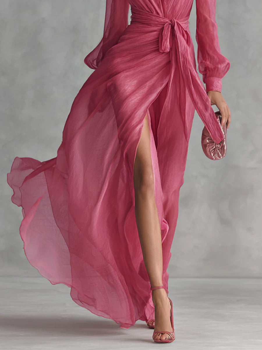 Beatrice | Elegante Vestido Largo de Chifón con Escote en V y Cintura Ajustada