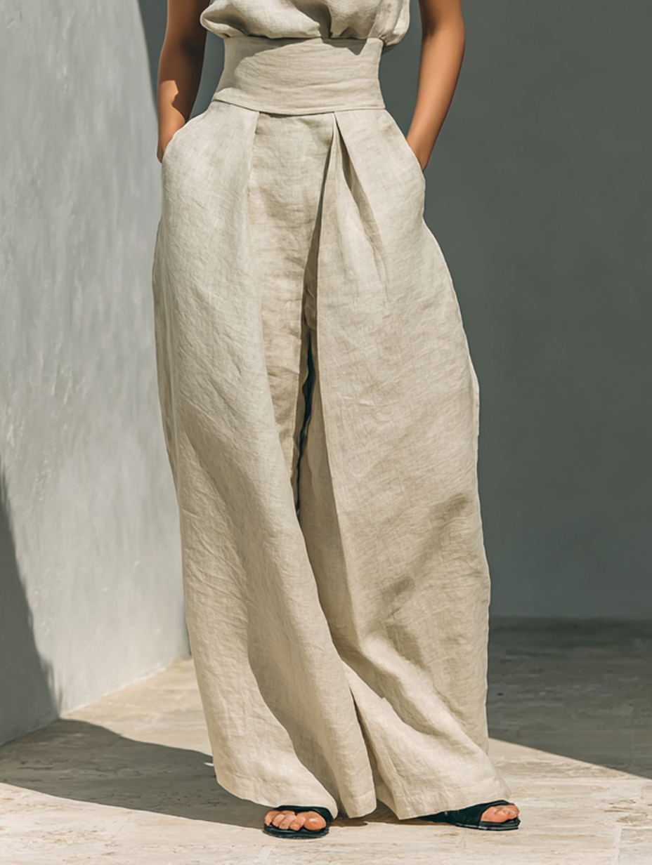 Aurora • Conjunto compuesto por top sin mangas beige en mezcla de algodón y lino y pantalones de pierna ancha