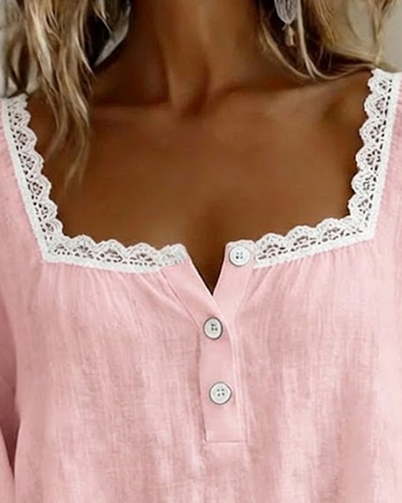Eva - Blusa de Encaje con Cuello Cuadrado y Mangas Abullonadas
