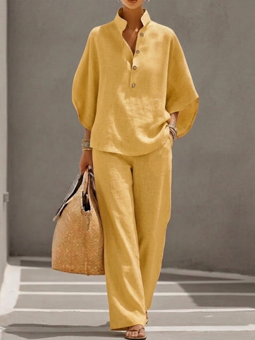 Eszter™ | Conjunto de algodón y lona con mangas murciélago y pantalón de pierna ancha
