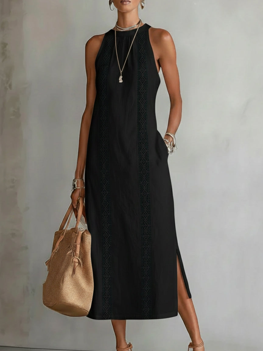 Jimena | Vestido Midi de Cuello Mao Bordado y Relajado
