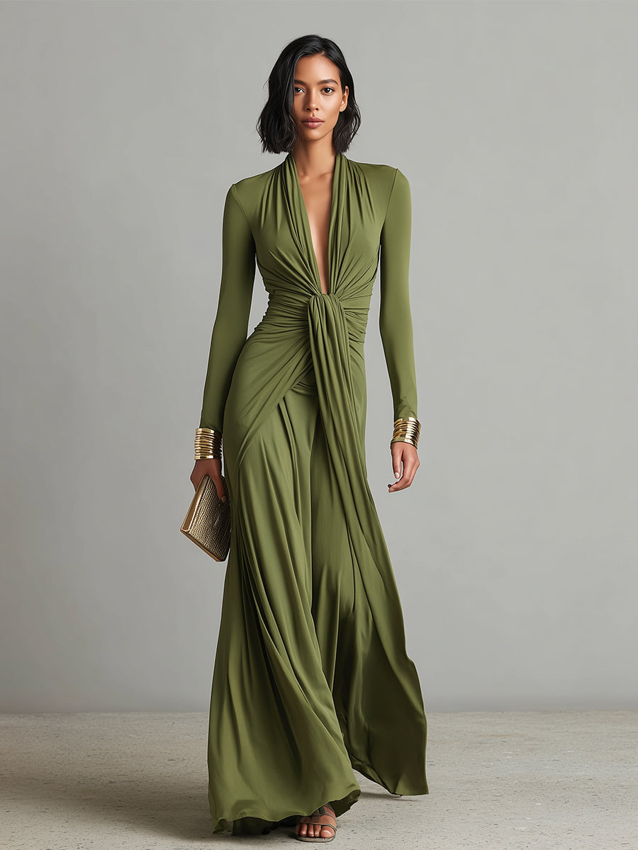 Valentina · Vestido maxi con escote en V y detalles volantes