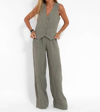Conjunto de Chaleco a Medida y Pantalones de Pierna Ancha de Algodón