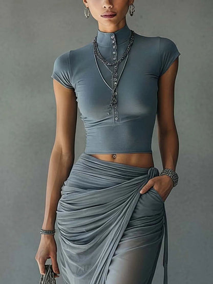 Conjunto de Camiseta Cortada y Falda Drapé de Malla Transparente Sofia