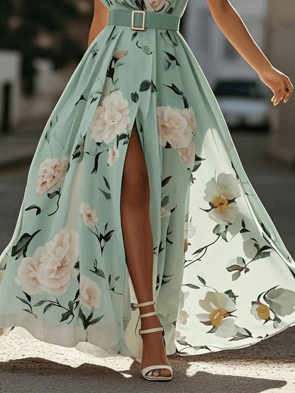 Julie | Vestido Maxi de Chiffon Floral Verde Claro de Tirantes