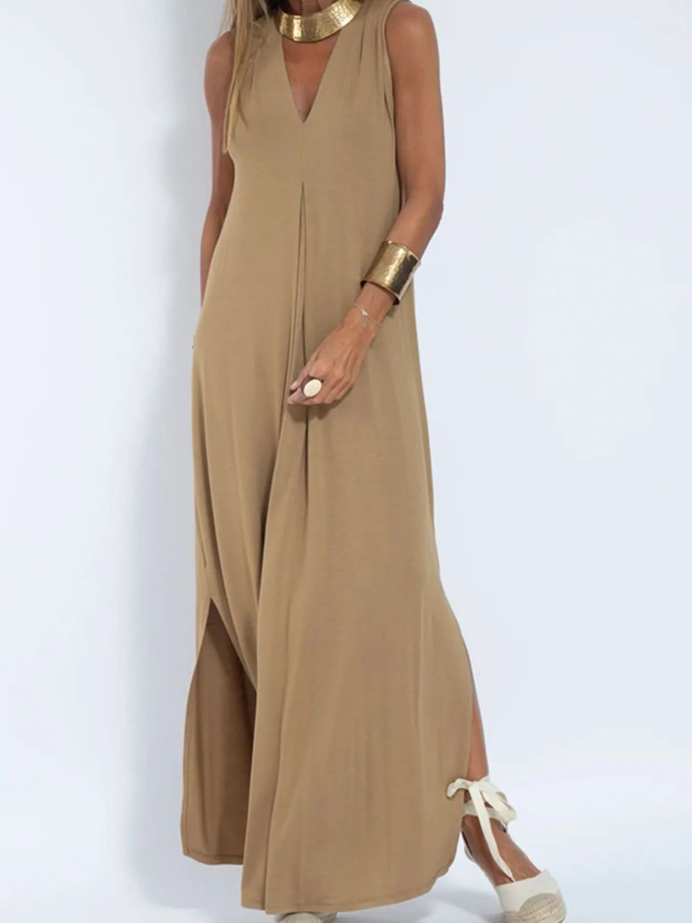 Vestido Maxi Sin Mangas de Talla Completa con Escote en V y Abertura Talla Grande