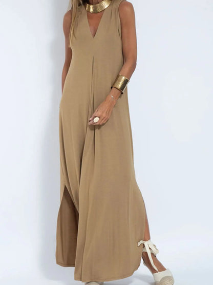 Vestido Maxi Sin Mangas de Talla Completa con Escote en V y Abertura Talla Grande