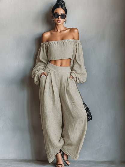 Tiana || Conjunto con escote off-shoulder y pantalón amplio