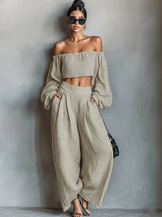 Tiana || Conjunto con escote off-shoulder y pantalón amplio