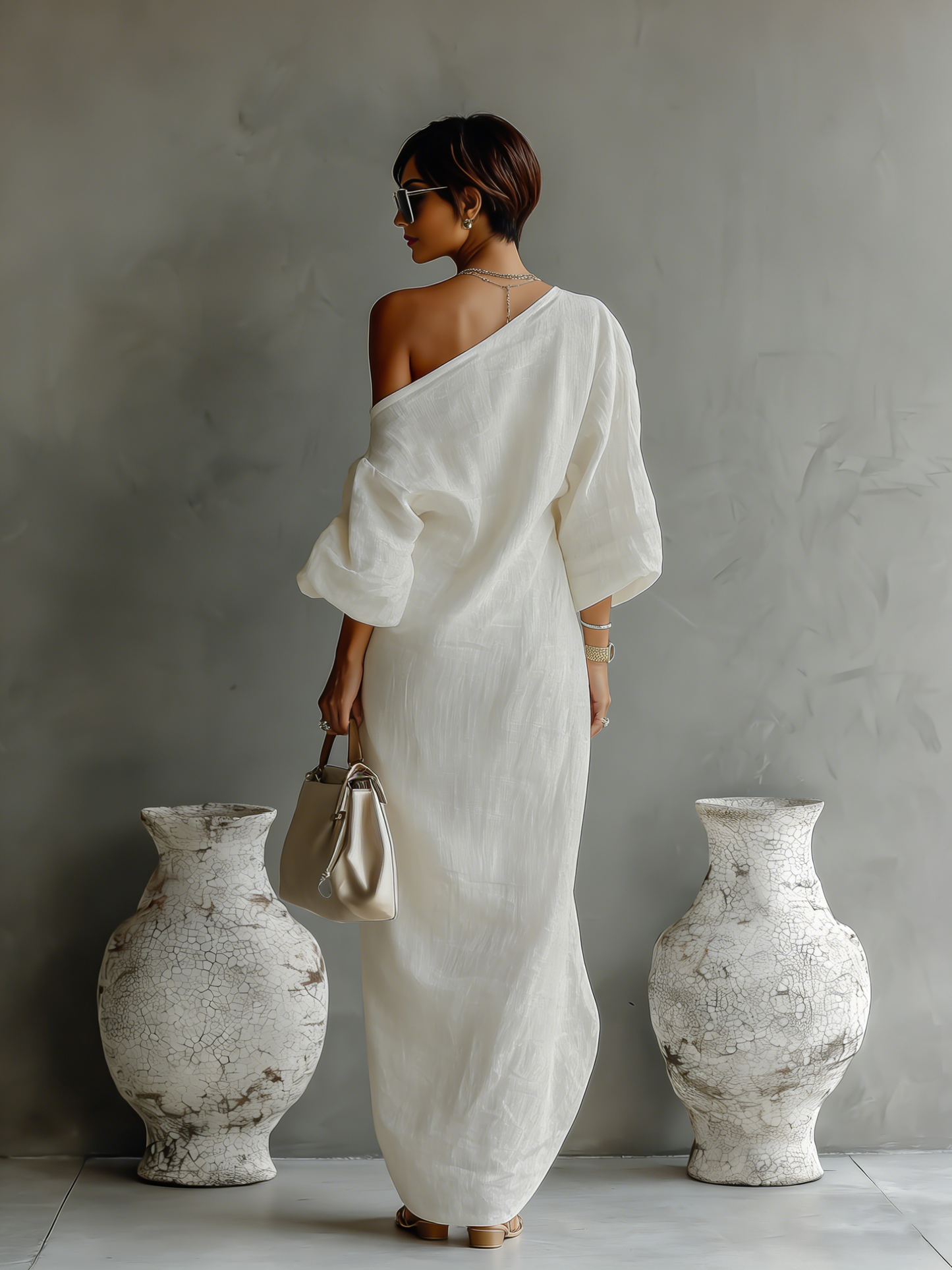 Vestido Fluido Elegante en Blanco Marfil con Hombros Descubiertos