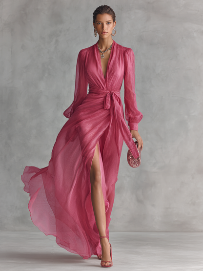 Ropa Larga Elegante Mujer en Chiffon Rosa Pálido con Perlas, Escote en V y Cintura Ajustada