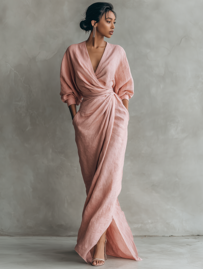 Robe Maxi Minimalista Rosa con escote