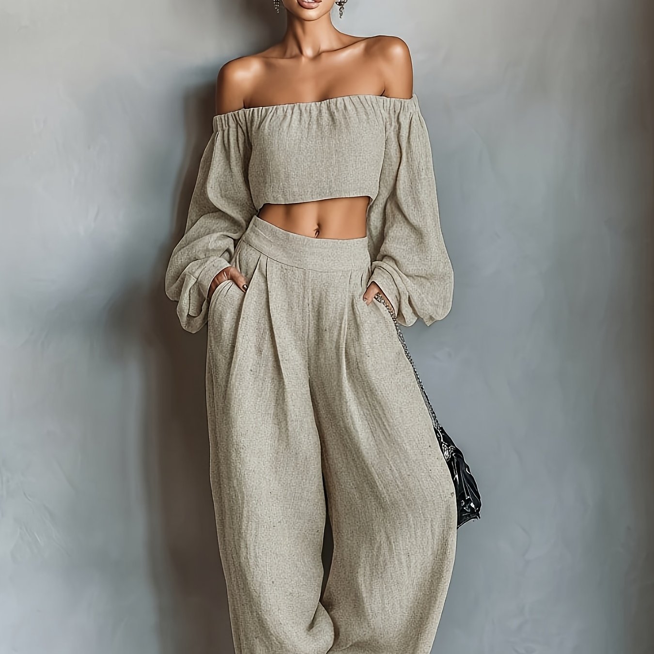 Tiana || Conjunto con escote off-shoulder y pantalón amplio
