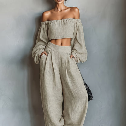 Tiana || Conjunto con escote off-shoulder y pantalón amplio