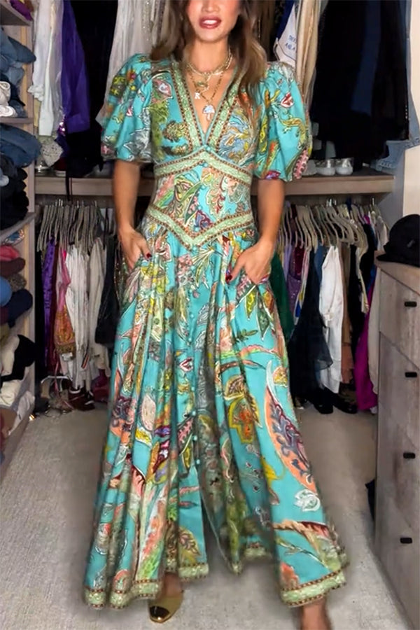 Vestido maxi Airy con mangas abullonadas y escote en V