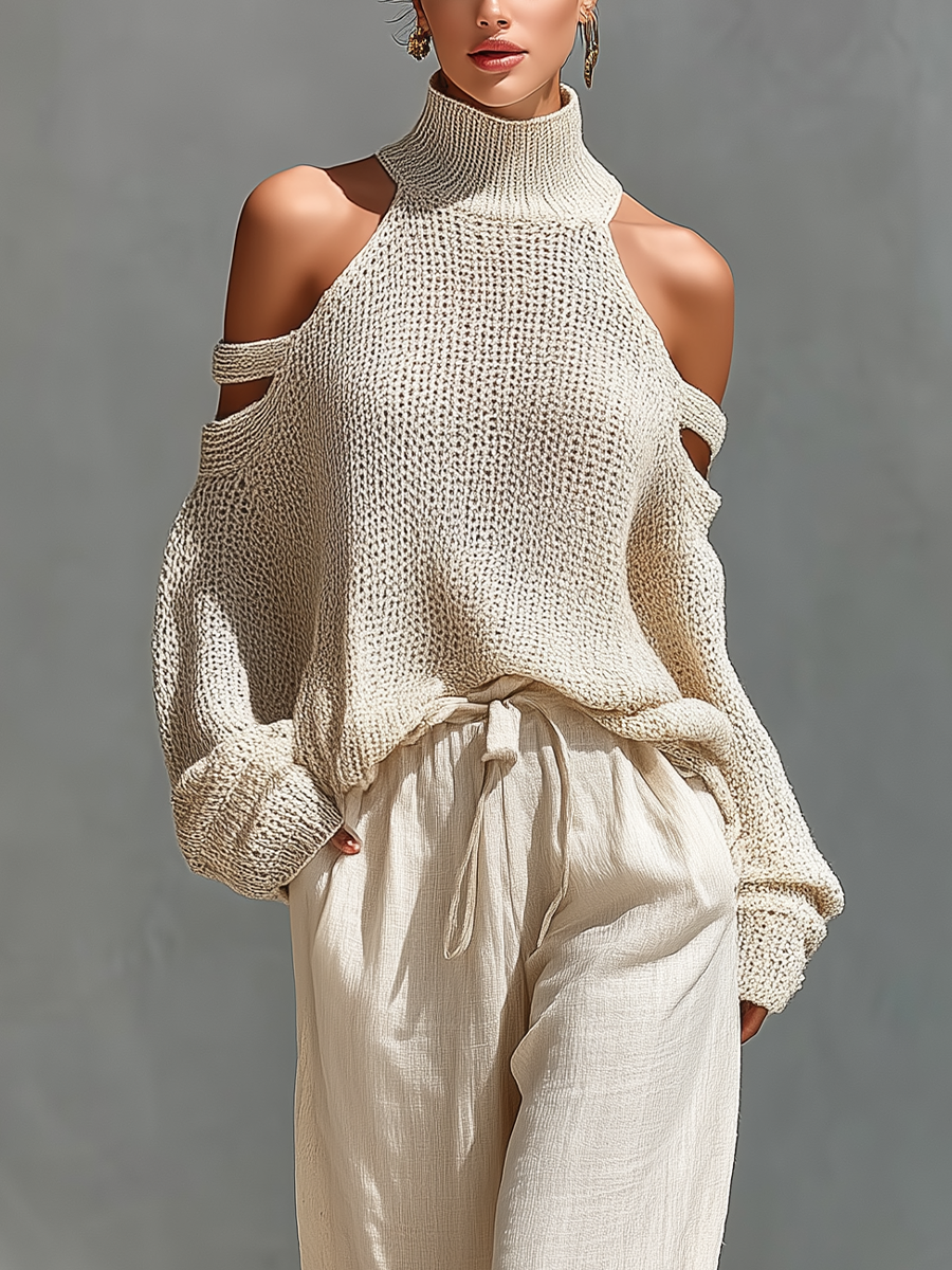 Conjunto Top de Cuello Alto con Hombros Descubiertos en Tejido Beige para Mujeres & Pantalones de Pierna Ancha