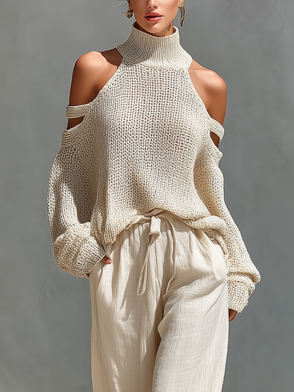 Conjunto Top de Cuello Alto con Hombros Descubiertos en Tejido Beige para Mujeres & Pantalones de Pierna Ancha