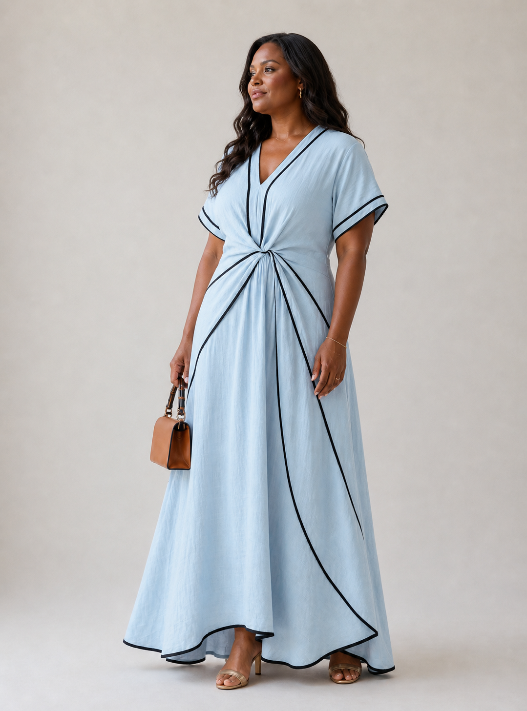 Linnea | Vestido Midi de Manga Corta con Escote en V y Cintura Fruncida