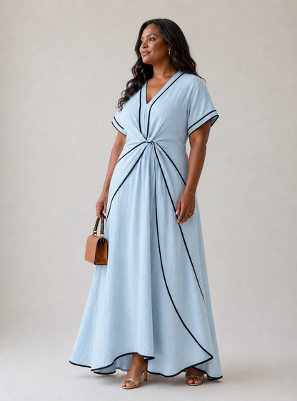 Linnea | Vestido Midi de Manga Corta con Escote en V y Cintura Fruncida