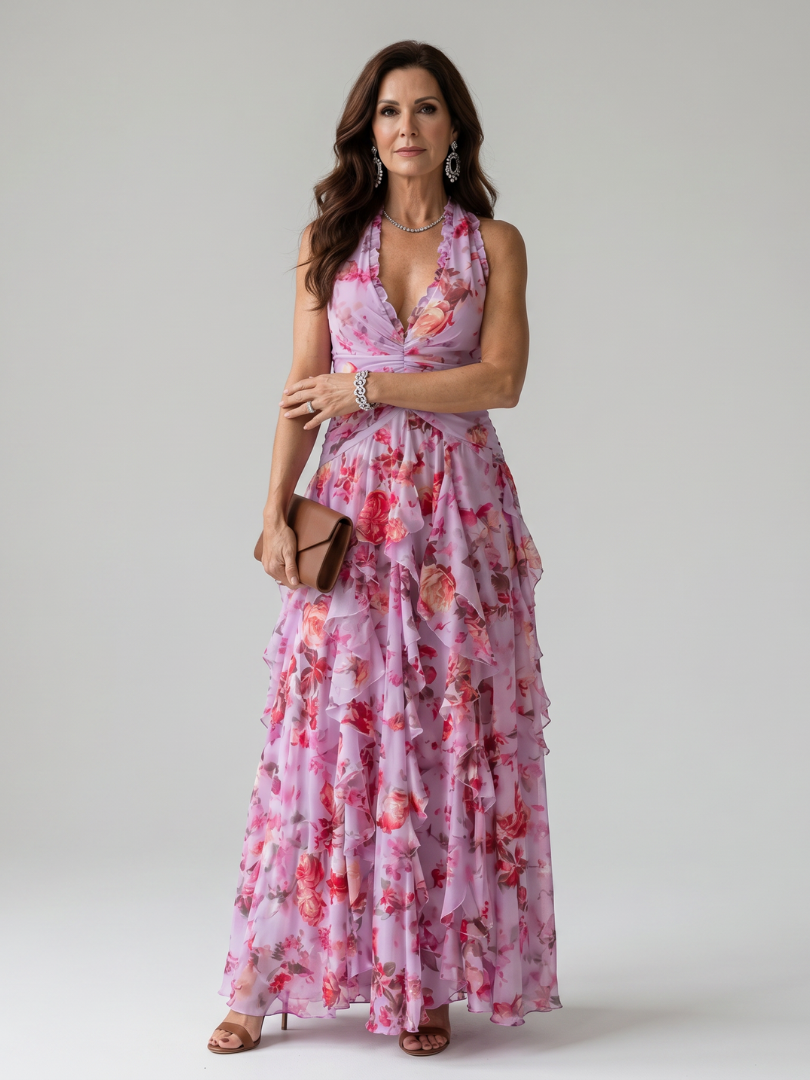 Nori | Vestido Maxi Floral con Cuerpo Arrugado y Escote Halter