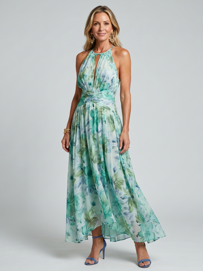 Portia | Vestido Midi con Escote Halter con Pliegues y Motivo Floral Suave