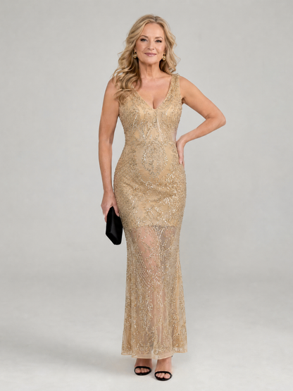 Sirea | Vestido midi sin mangas con lentejuelas y panel transparente