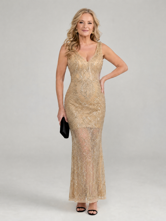 Sirea | Vestido midi sin mangas con lentejuelas y panel transparente
