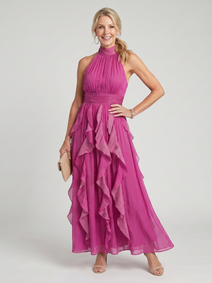 Orea | Vestido Maxi con Cuello Alto y Volantes en Capas