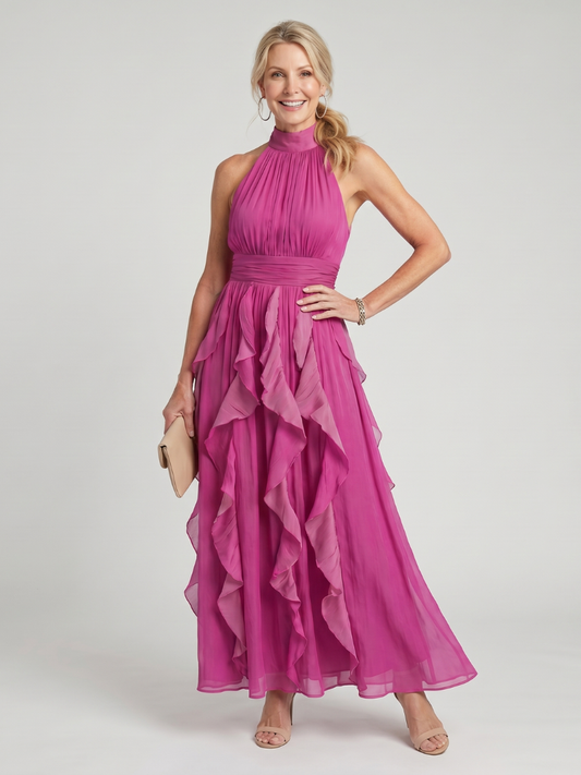 Orea | Vestido Maxi con Cuello Alto y Volantes en Capas