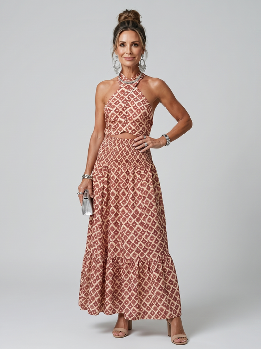 Amira | Vestido midi con escote cruzado y estampado geométrico