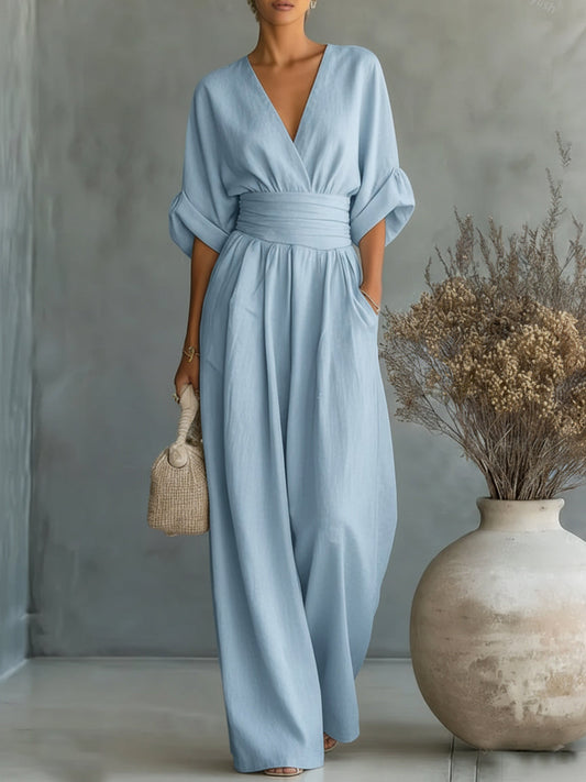 Combinación elegante con escote en V y cintura alta