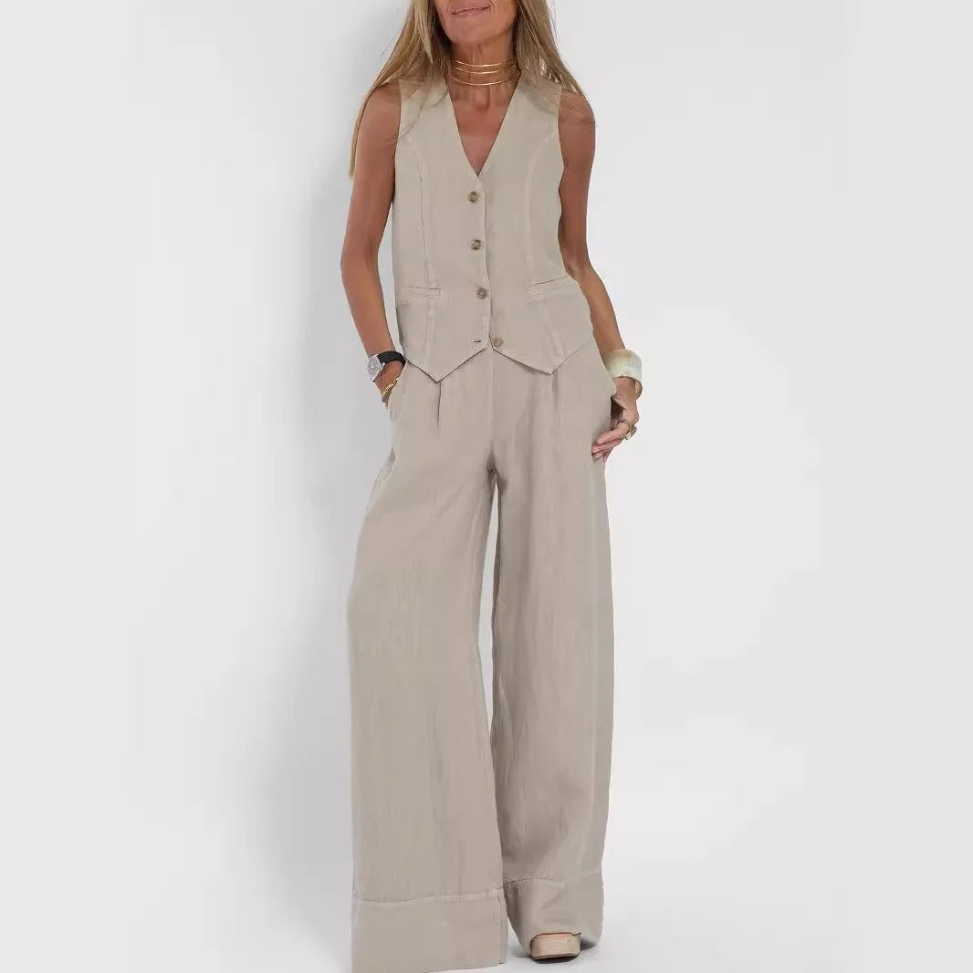 Conjunto de Chaleco a Medida y Pantalones de Pierna Ancha de Algodón