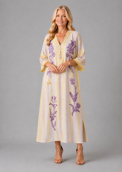 Aurelia | Vestido Maxi Floral a Rayas con Cuello en V y Manga Corta