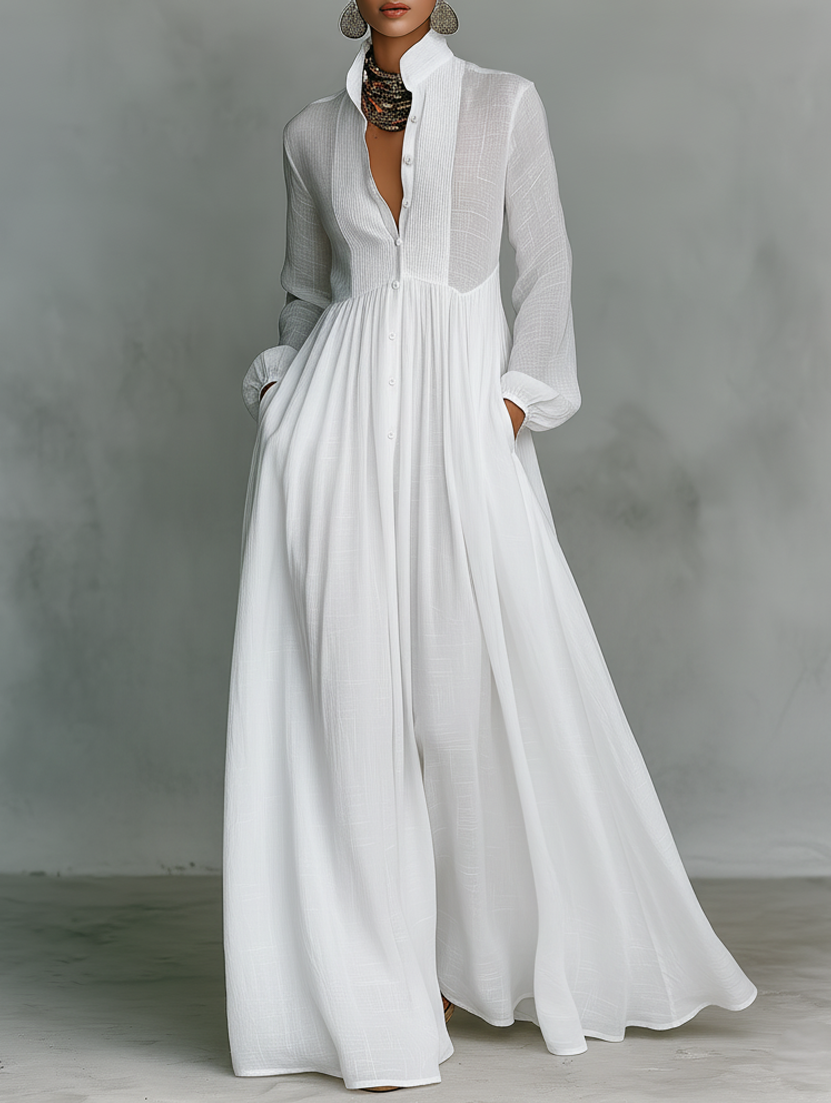 Maxi Minimalista en Algodón y Lino con Patchwork, Cuello Alto y Mangas Largas