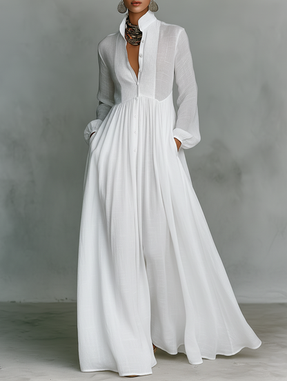 Maxi Minimalista en Algodón y Lino con Patchwork, Cuello Alto y Mangas Largas