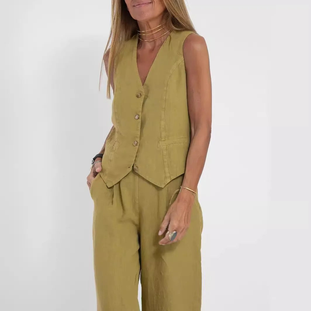 Conjunto de Chaleco a Medida y Pantalones de Pierna Ancha de Algodón