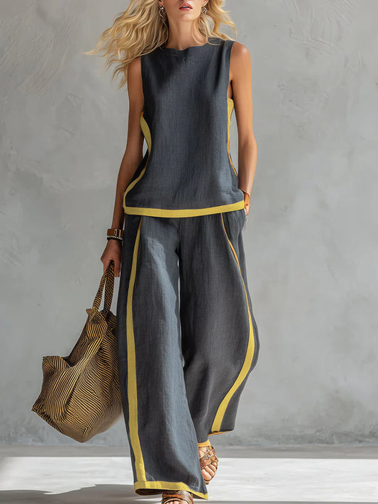 Ursula - Conjunto elegante y casual de chaleco y pantalones con acabados bicolor