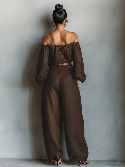 Tiana || Conjunto con escote off-shoulder y pantalón amplio