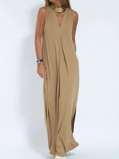Vestido Maxi Sin Mangas de Talla Completa con Escote en V y Abertura Talla Grande