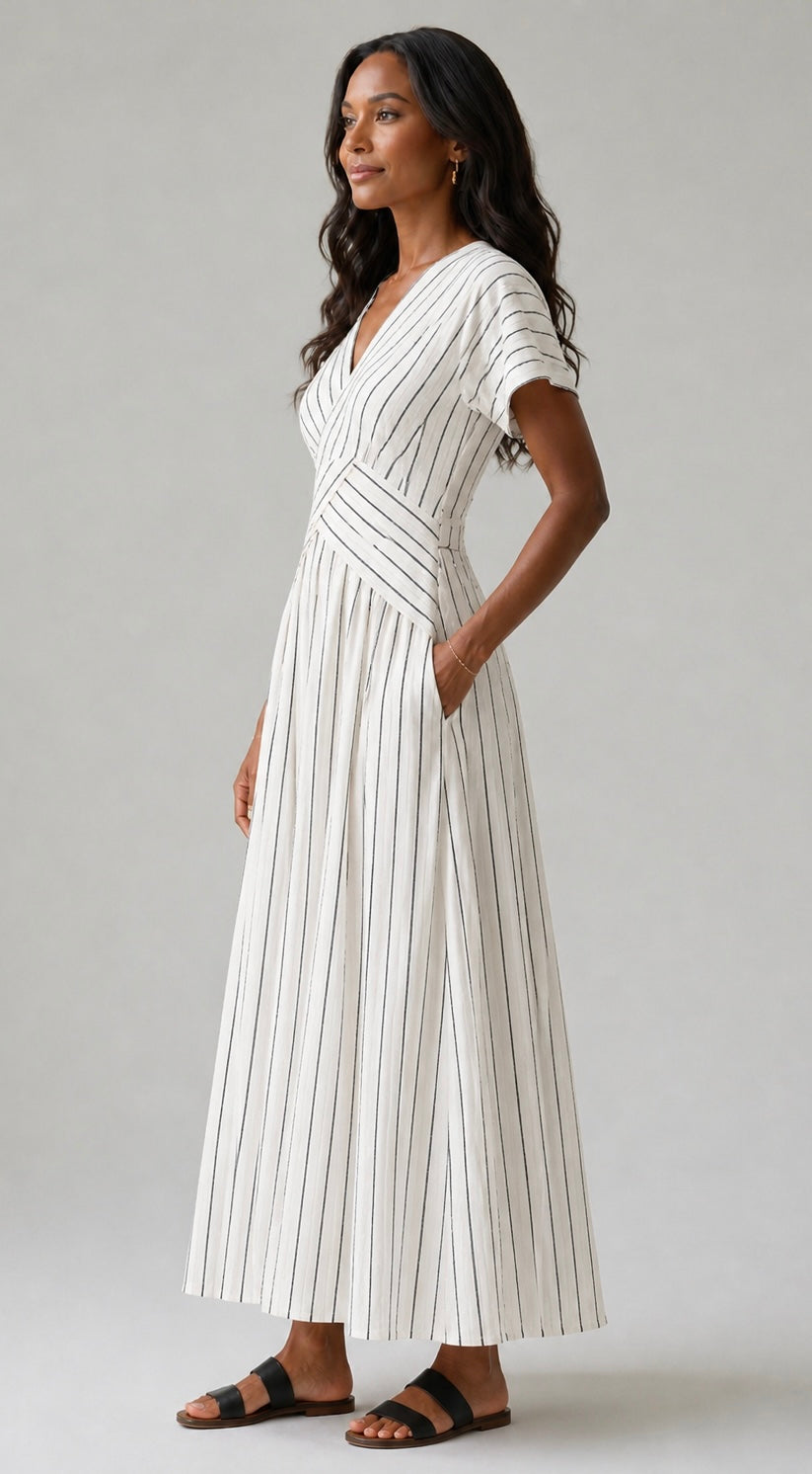 Cressida | Vestido Midi de Manga Corta con Escote en V y Cintura Cruzada