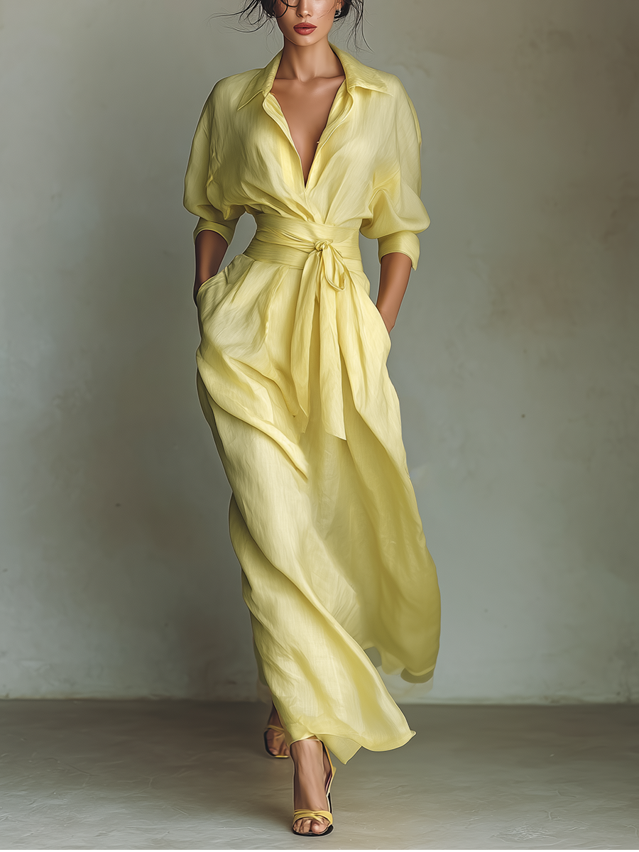 Vestido Camisa Maxi Mujer Amarillo Limón De Algodón Y Lino Con Cintura Para Atar & Mangas Tres Cuartos