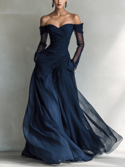 Vestido Maxi Elegante en Chiffon Organza Azul Oscuro con Mangas Largas y Hombros Descubiertos para Mujeres