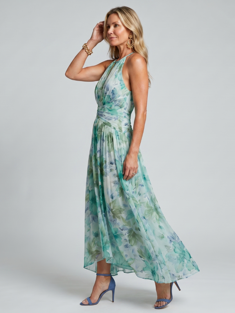 Portia | Vestido Midi con Escote Halter con Pliegues y Motivo Floral Suave