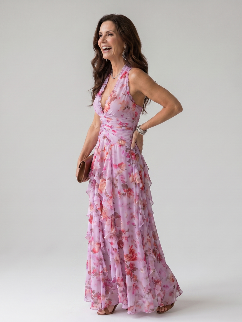 Nori | Vestido Maxi Floral con Cuerpo Arrugado y Escote Halter